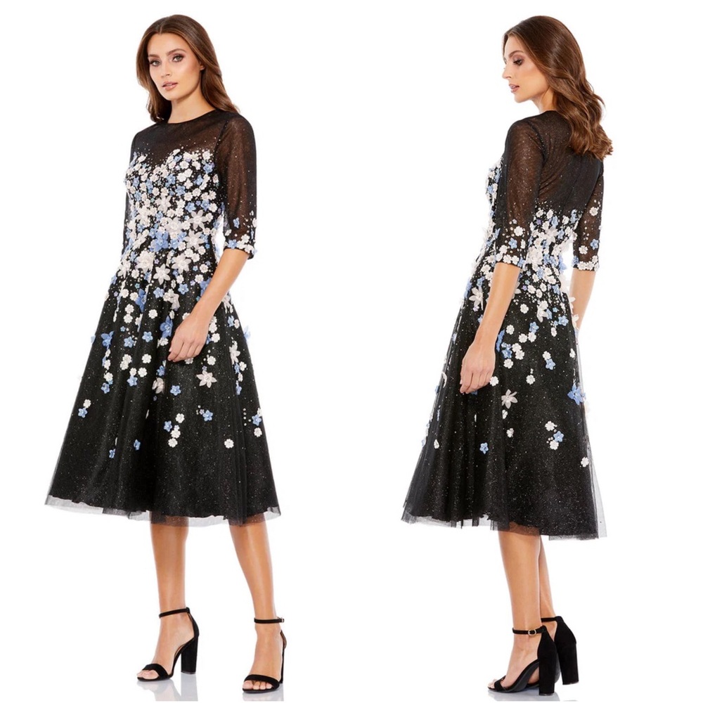 Mac Duggal Black Midi Dress with Blue and White Floral Appliqué - Picture 7 of 7